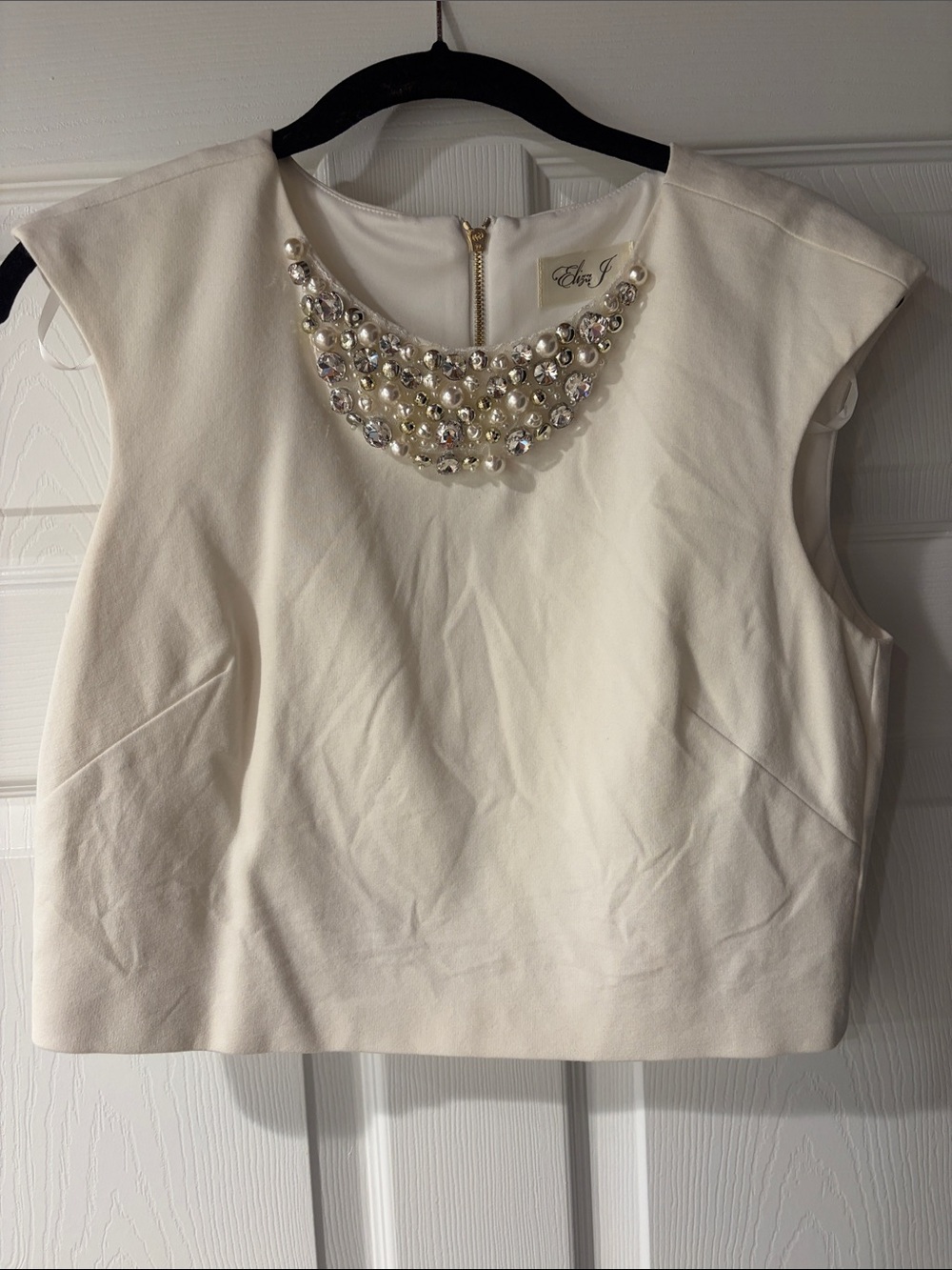 Cream Embellished Jewel-Neck Sleeveless Top